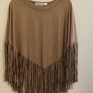 Faux suede fringe poncho